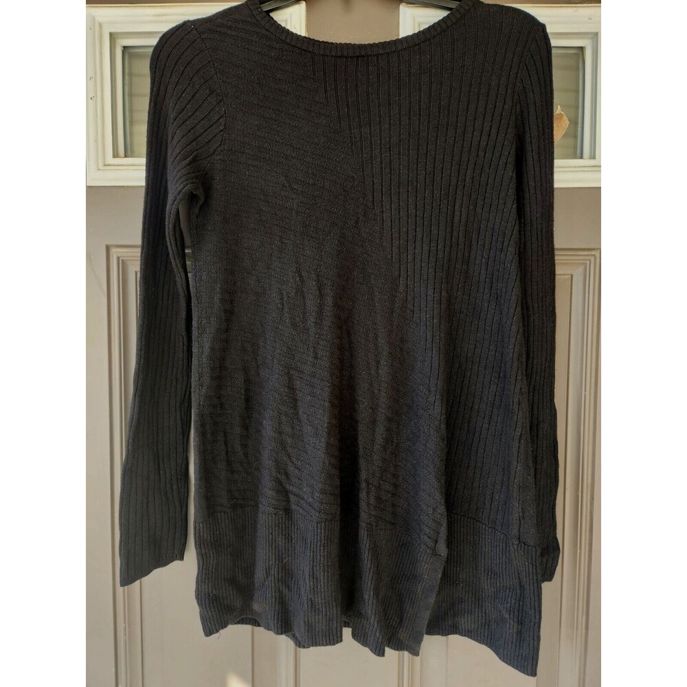 Ribbed Knit Sweater Long Sleeve Black Top With Bottom Slit Womens Size XS